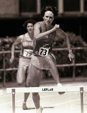 Hurdler Lexie Miller competes in 1983. Miller still holds the UO record in the 400-meter hurdles.