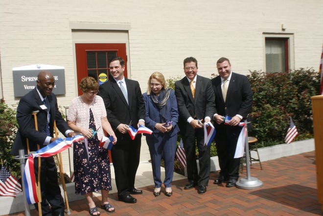 Penn State Mont Alto’s Veterans Center opened to visitors for the first time after a dedication and ribbon-cutting ceremony. From left: Francis Achampong, Kathy Swope, Sgt. Anthony Dion, Madlyn Hanes, David Keller and Chad Reichard.