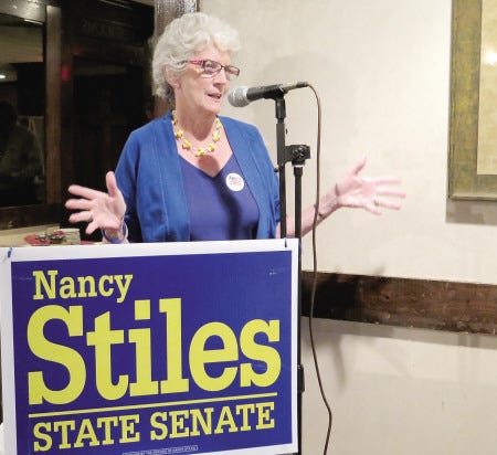 Incumbent state Sen. Nancy Stiles of Hampton speaks to supporters following her victory in the Republican District 24 primary on Tuesday night.