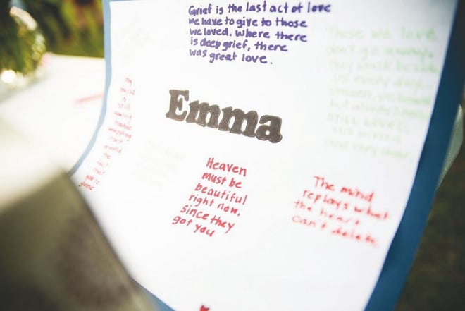 Written messages from fellow students at Exeter High School and the extended community are seen during a vigil held in Emma Jacobs' honor Friday evening at EHS.