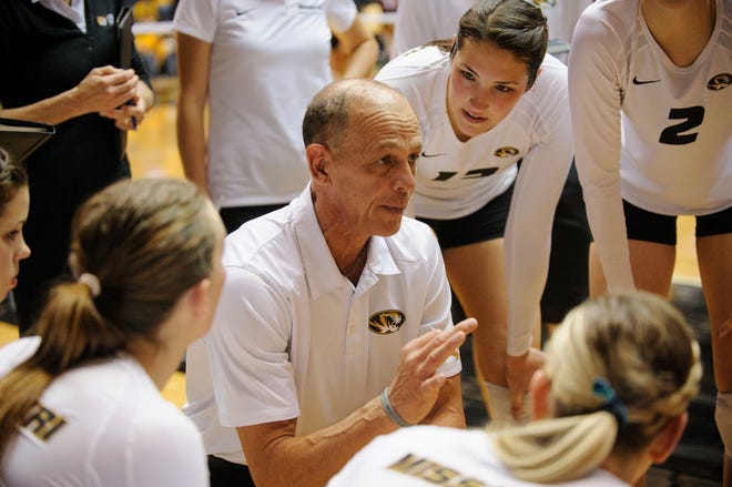 Missouri volleyball Coach Wayne Kreklow addresses his team during a match last year. Kreklow was one of the first MU coaches to turn to former track Coach Rick McGuire on learning about the power of positive coaching, a philosophy McGuire speaks about at seminars.
