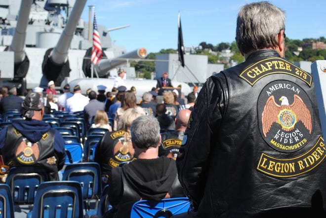 Members of the American Legion Riders attend a ceremony for Prisoner of War/Missing in Action Day aboard the Battleship Massachusetts on Sunday.