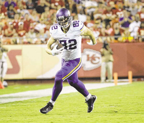 Minnesota Vikings tight end Kyle Rudolph (82) runs with the ball during the first half of an NFL preseason football game against the Kansas City Chiefs in Kansas City, Mo., Saturday, Aug. 23, 2014.
