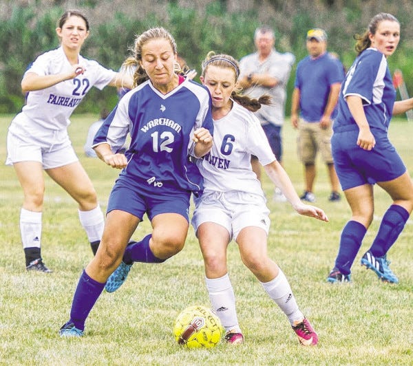 Photos by Ryan Feeney/The Advocate 
Fairhaven's Madisyn Silva fights for position and the ball in the Blue Devils 2-0 win over Wareham Monday at the Hastings Middle Schoole.