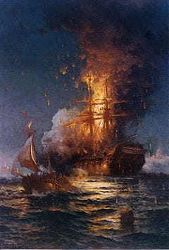 The American warship Philadelphia is destroyed in Tripoli harbor during the Barbary War, 1801-05.
