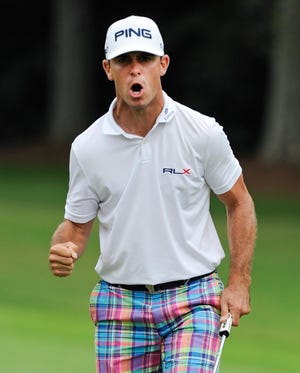 Billy Horschel is pumped after making a putt to save par on the 17th hole during the final round of the Tour Championship golf tournament Sunday in Atlanta.