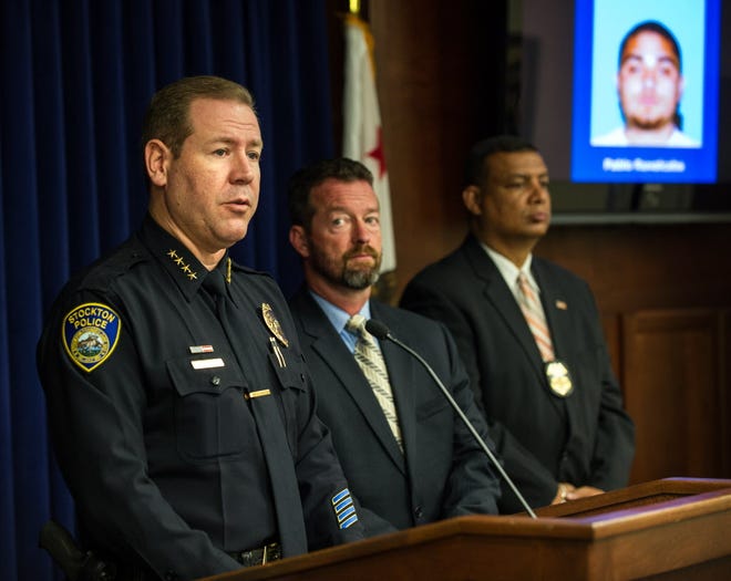 The Stockton police department held a news conference Monday morning with representatives of ATF, F.B.I, and the San Joaquin district attorney's office. From left, Chief Eric Jones, Graham Barlowe and Robert Tucker both with the ATF.