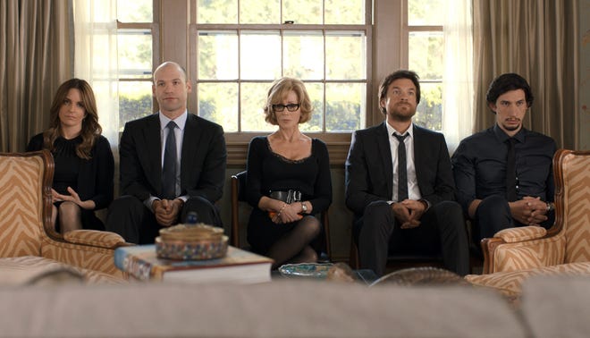 This image released by Warner Bros. Pictures shows, from left, Tina Fey, Corey Stoll, Jane Fonda, Jason Bateman and Adam Driver in a scene from the film, "This Is Where I Leave You." (Courtesy Warner Bros. Pictures)