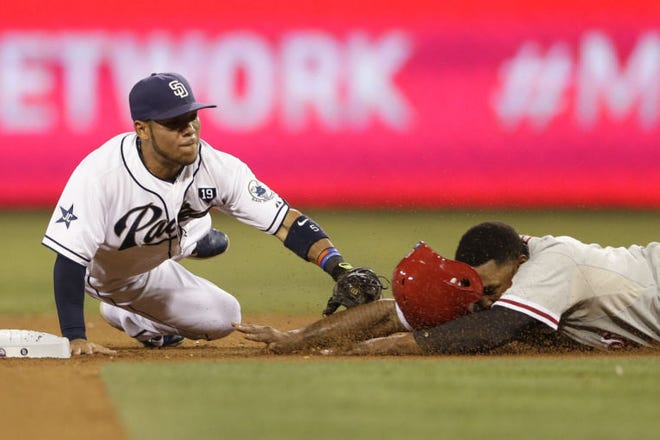 Padres shortstop Alexi Amarista applies the tag to the Phillies' Domonic Brown to complete a double play during the eighth inning Monday in San Diego.