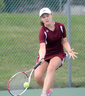 Stroudsburg's Sophia Rostock hits a return shot to East Stroudsburg South's Brittany Poje during their first singles match Tuesday. Poje won in straight sets, but Stroudsburg won the Eastern Pennsylvania Conference match 5-2.