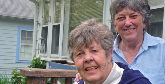 This photo from 2010 shows Faye Miles, front, and Barb Meehan in the earlier days of their battle with Miles' Alzheimer's disease.