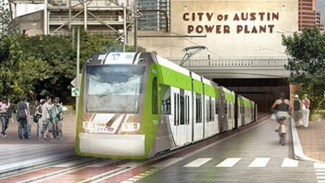 Project Connect’s advertising campaign includes this image of a potential urban rail train near the Seaholm development, along with the headline, “Destination: Family dinner.”