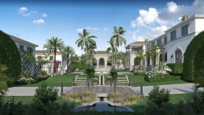 Featuring a courtyard design, a new Palladian-style custom home has been proposed for a beachfont lot on the north side of Via Marina facing South Ocean Boulevard in the Estate Section. Rendering courtesy of Town of Palm Beach