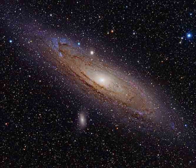 The Andromeda Galaxy is easily seen on a dark night on autumn evenings. It appears as a dim “fuzzy spot” with unaided eyes and is better seen in binoculars. Wikimedia Commons