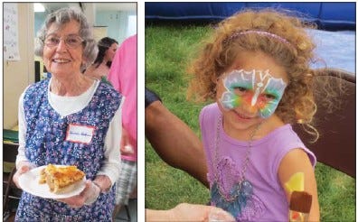 Left, Aimee Robins, volunteer, holds up a slice of fresh apple pie. Right, Petra Kopley Schneider, 4, Leominster, got her face pained in Kids Alley.