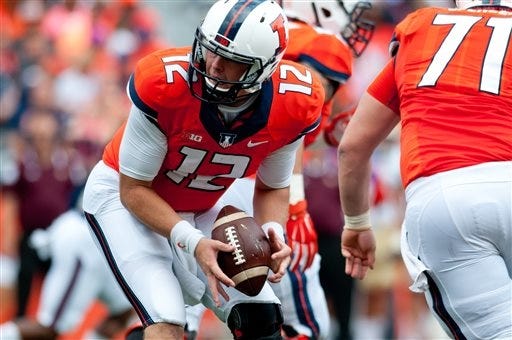 Illinois quarterback Wes Lunt (12) takes a snap during the first quarter of an NCAA college football game against Texas State Saturday, Sept. 20, 2014, at Memorial Stadium in Champaign, Ill.
