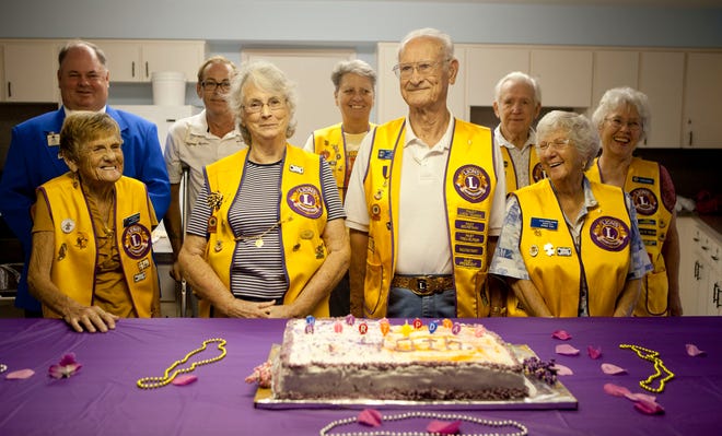 The Silver Springs Shores Lions Club celebrates its 40th anniversary at the Silver Springs community center Saturday in Silver Springs Shores. The club provides eye exams and glasses, cataract operations, hearing aids and scholarships to those in need. Pictured in the back, from left: Larry Hopkins, President Jeffrey Heisler, Michele McNeice, Charles Byrd and Joyce Byrd. In front, from left: Marilyn Hudman, Jean Agamaite, Roger Agamaite and Norma York.