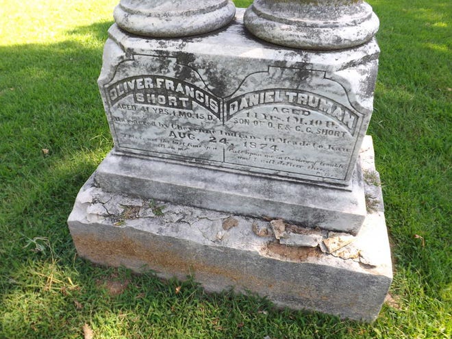 The tombstone of Oliver Short and his 14-year-old son, Daniel, indicate they were massacred on Aug. 24, 1874, by Cheyenne Indians in Meade County. The Shorts were surveying land when they were killed.