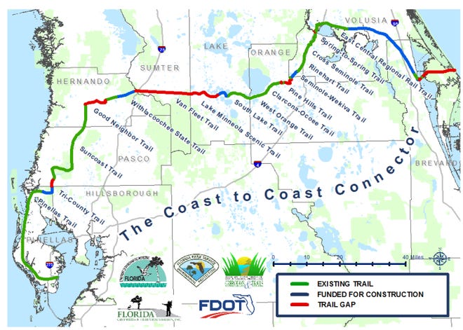 The largest gap remaining in the Coast to Coast Connector is a 30-mile stretch between the end of the Withlacoochee State Trail in northern Pasco County and the beginning of the South Lake Trail in south Lake County.