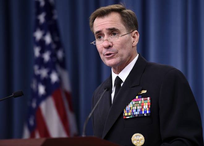 In this Sept. 2, 2014, file photo, Pentagon press secretary Navy Rear Adm. John Kirby speaks during a briefing at the Pentagon. The Pentagon on Monday night, Sept. 22, says the U.S. and partner nations have begun airstrikes in Syria against Islamic State militants, using a mix of fighter jets, bombers and Tomahawk missiles fired from ships in the region. Kirby says that because the military operation is ongoing, no details can be provided yet. He says the decision to strike was made early Monday by the military. THE ASSOCIATED PRESS
