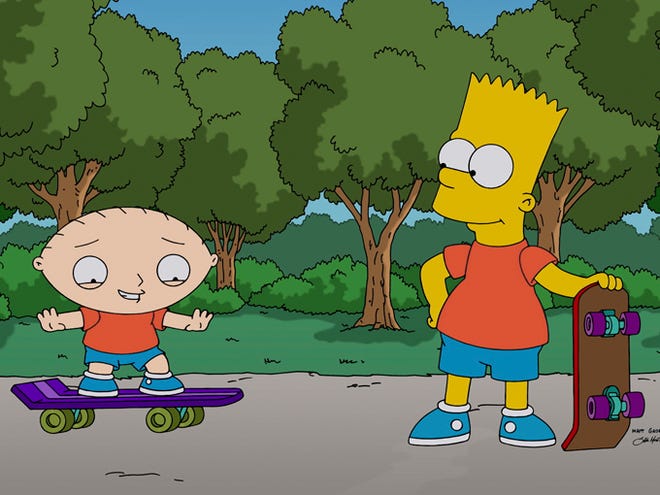 In this image provided by Fox, Stewie Griffin, left, learns to skateboard from his new friend, Bart Simpson in a scene from “The Simpsons Guy,” the one-hour season premiere episode of "Family Guy," airing Sunday, Sept. 28, 2014. The Fox network isn't responding to suggestions that it edit the upcoming crossover episode of "The Simpsons" and "Family Guy" to remove a joke where the punch line is "your sister's being raped."