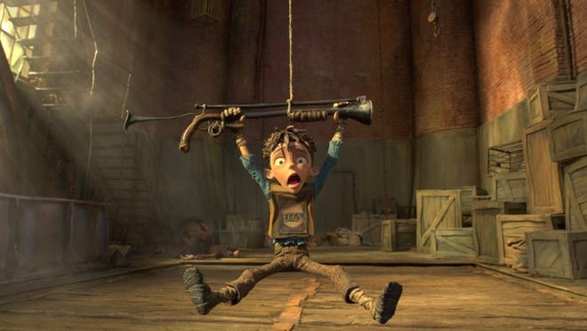 11-year-old Eggs (voiced by Isaac Hempstead Wright) swings into trouble when he tries to rescue a Boxtroll friend in “The Boxtrolls.”