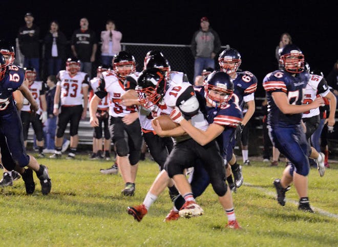 United senior Jack Whitsitt gains some tough yards last Friday night in a 41-6 win over West Central. The Red Storm will travel to play Annawan-Wethersfield this Friday.