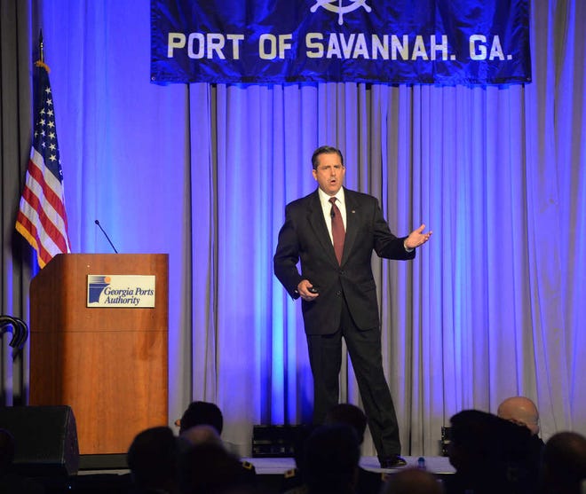 Steve Bisson/Savannah Morning NewsGeorgia Ports Authority Executive Director Curtis Foltz delivers the annual State of the Port address Thursday to an audience at the ballroom at the International Trade and Convention Center.