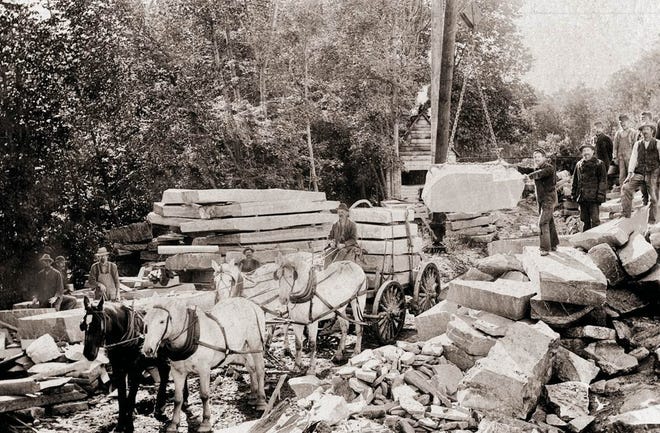 A team works in the South Monoosnock Quarry circa 1900. Photo courtesy of Hathaway Memorial Collection.