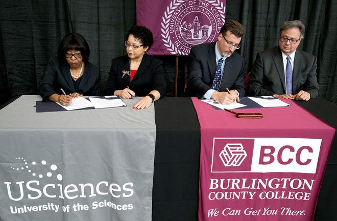 During a signing ceremony at Burlington County College last week, the participants (from left) were University of Sciences President Helen Giles-Gee, University of Sciences Provost and Vice President for Academic Affairs Heidi Anderson, BCC Interim President David Spang and BCC Transfer Center Director Robert Ariosto.The University of the Sciences and Burlington County College formalized a transfer articulation agreement that guarantees seats in two USciences undergraduate programs for students earning their associate degree at BCC.