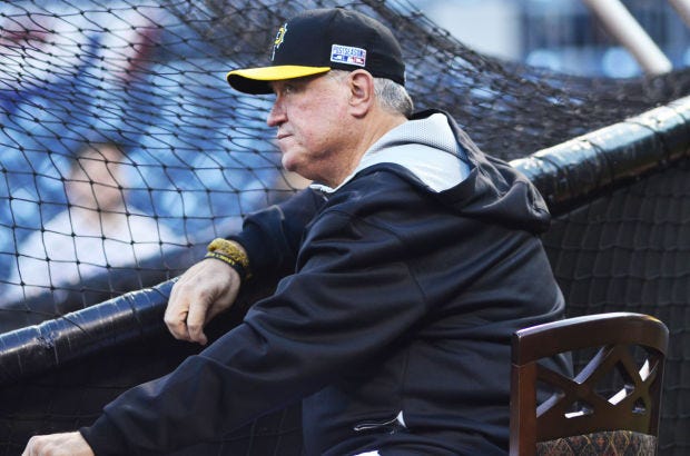 Pirates manager Clint Hurdle watches batting practice during the Pittsburgh Pirates' two-hour workout on Tuesday, Sept. 30, at PNC Park. The workout was in preparation for their wild card game against San Francisco on Wednesday.