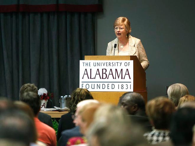 University of Alabama President Judy Bonner speaks Wednesday during the fall faculty/staff meeting at the Bryant Conference Center.