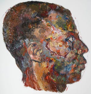 "San Francisco Area Fighter A885 in Profile," oil on canvas by Elise Dodeles, at the George School.