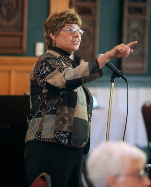 Pam Tabery delivers a presentation on the 200th anniversary of the Middle Smithfield Township Evangelical Presbyterian Church on Saturday, September 27, 2014 during the 10th annual Memory Makers at Shawnee Inn and Golf Resort.
