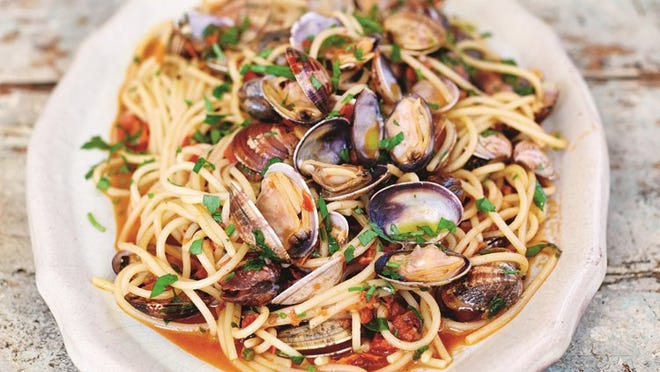 Blushing Spaghetti Vongole from “Jamie Oliver’s Comfort Food.” Photo by David Loftus.