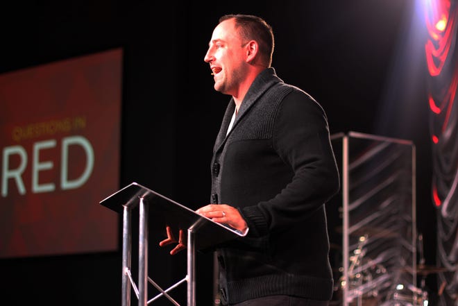 Pastor Joshua Gagnon talks at the Next Level Church meeting in Somersworth on Saturday.