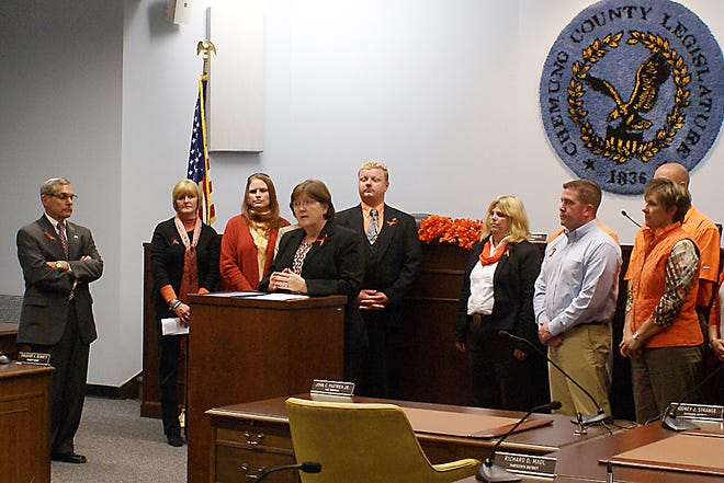 Chemung County Bullying Prevention Task Force program director Lisa Bowers, center, speaks Tuesday during a press conference in the Chemung County Legislature chamber surrounded by task force members and Chemung County Executive Tom Santulli, left.