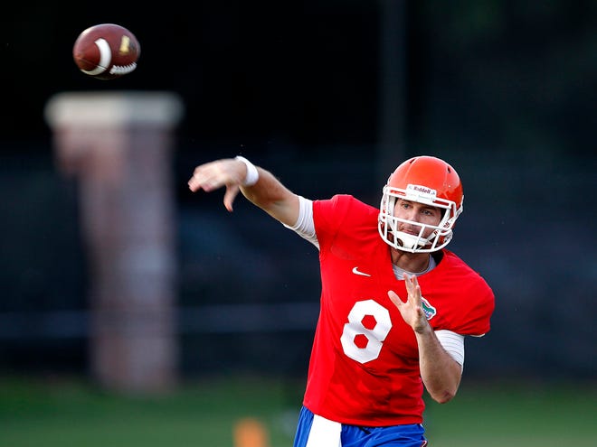 Florida Gators quarterback Skyler Mornhinweg throws during practice in this Aug. 7, 2014 file photo.