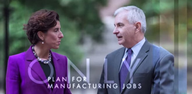 A frame from commercial of Gina Raimondo and U.S. Sen. Jack Reed stating they have a plan to bring manufacturing jobs back to Rhode Island.