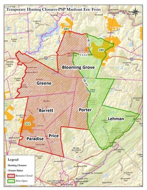 This map shows the area in Pike County where the PA Game Commission on October 10, 2014, has reopened to hunting, comprising Lehman Twp. and eastern parts of Blooming Grove and Porter Twp., denoted in green. Hunting and trapping remains prohibited in the area in red, including all of Greene Township and western parts of Blooming Grove and Porter Twps. in Pike County, and all of Barrett, Price and Paradise Twps. in Monroe County.