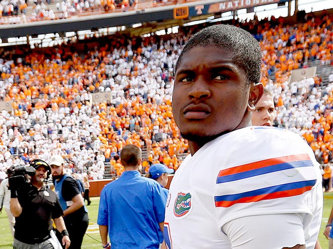 Florida Gators quarterback Treon Harris on the field after the game against the Tennessee Volunteers at Neyland Stadium on Oct. 4 in Knoxville, Tennessee.