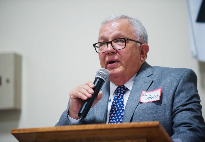 Presiding Commissioner Dan Atwill speaks Aug. 26 during the Boone County Farm Bureau annual meeting at the Knights of Columbus.