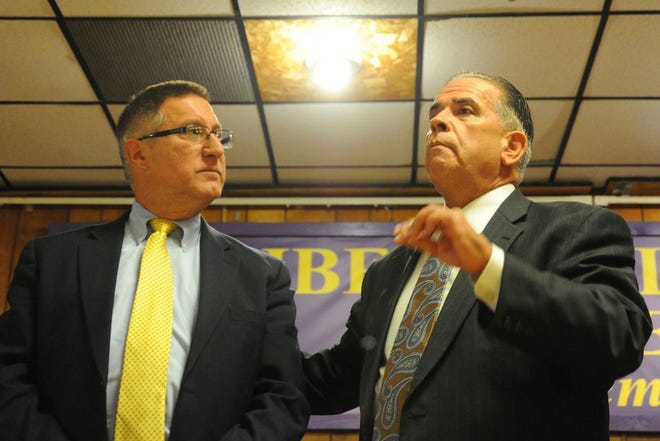 Massachusetts state Sen. Michael Rodrigues and state Rep. Alan Silvia visit the Liberal Club to promote a bill that would help retired public employees pay medical co-payments.