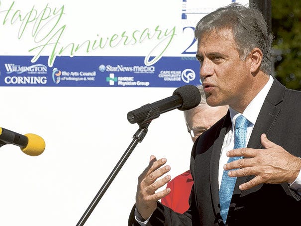 Wilmington Mayor Bill Saffo speaks at the celebration of Wilmington's 275th anniversary at Riverfront Park on Sept. 27. His grandfather, also named Bill Saffo, owned a restaurant at 249 N. Front St. from 1929 until the mid-1960s. StarNews file photo