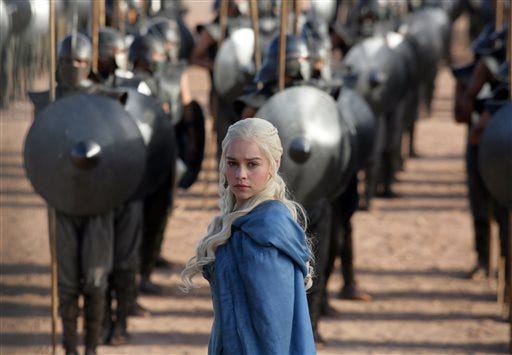 FILE - This file publicity image released by HBO shows Emilia Clarke as Daenerys Targaryen in a scene from "Game of Thrones."  HBO plans to offer a stand-alone version of its popular video-streaming service, CEO Richard Plepler said at an investor meeting at parent Time Warner Inc. on Wednesday, Oct. 15, 2014. (AP Photo/HBO, Keith Bernstein, File)