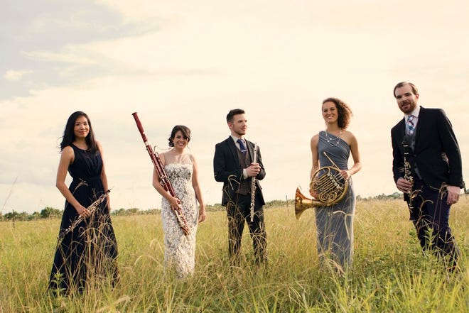 WindSync, a touring wind quartet based out of Houston, will perform Oct. 23 in the first Maple Leaf Community Concert Series performance of the season. From left to right: Erin Tsai, oboe; Tracy Jacobson, bassoon; Garrett Hudson, flute; Anni Hochhalter, horn; and Jack Marquardt, clarinet. COURTESY PHOTO