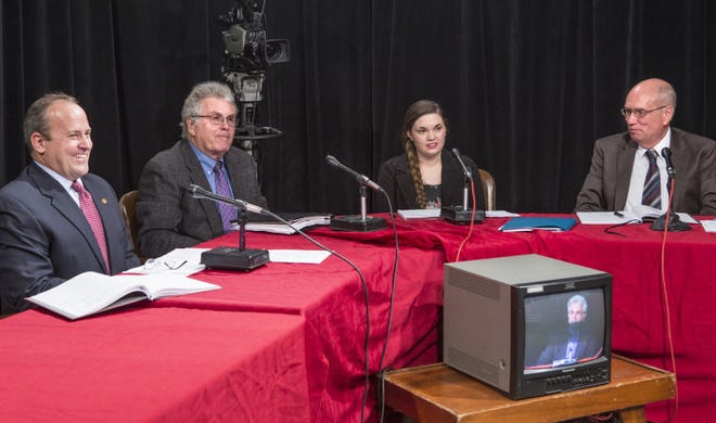 Portsmouth School Committee candidates participate in a televised forum Wednesday evening. From left are David D. Croston (incumbent), Frederick W. Faerber III (incumbent), Jessica A. Lineberger and Thomas Richard Vadney (incumbent).