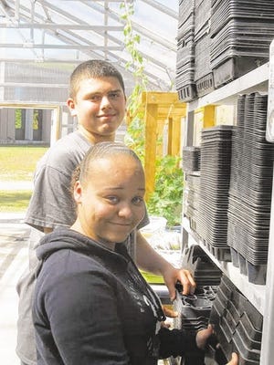 Keiana Oliveira and Gage Williams sort through material in BMC Durfee High School’s refurbished greenhouse.