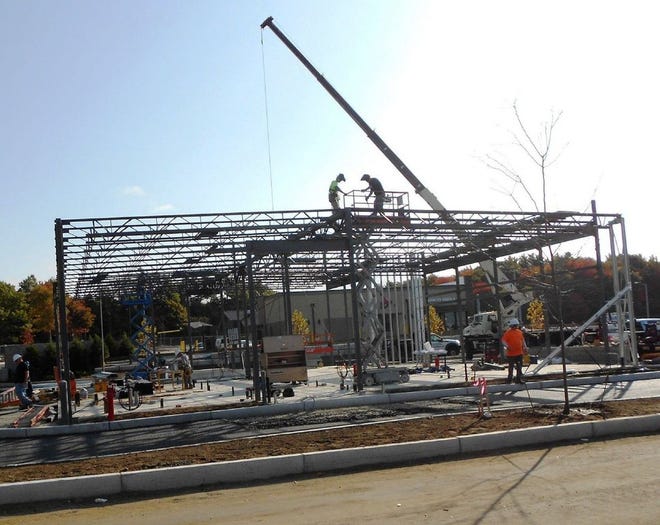 The steel framework of the new Panera Bread restaurant being built off Route 139 in Pembroke.