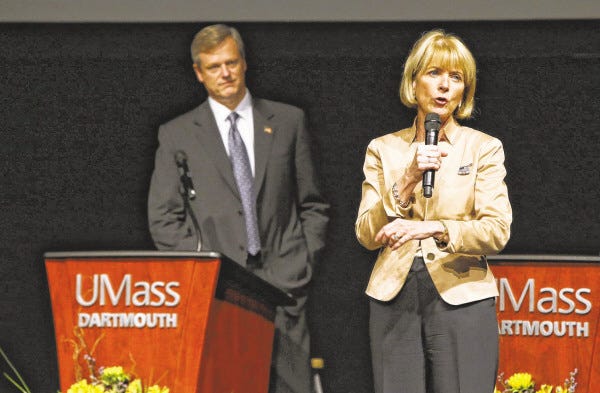 Gubernatorial candidates Martha Coakley and Charlie Baker squared off Friday afternoon on the campus of UMass Dartmouth. The state election is Nov. 4. In addition to Baker and Coakley, independent candidates Evan Falchuk, Jeff McCormick and Scott Lively will appear on the ballot.